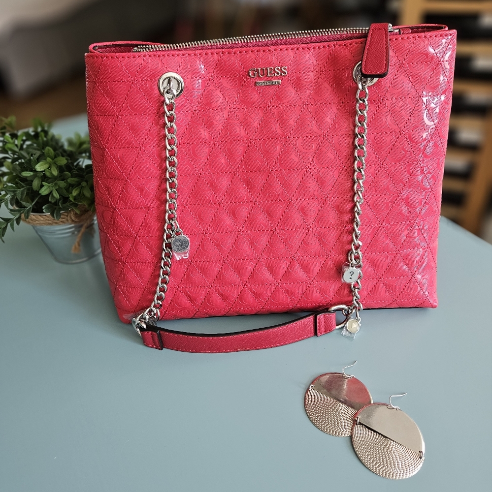 GUESS Quilted Hot Pink Tote with Chain straps